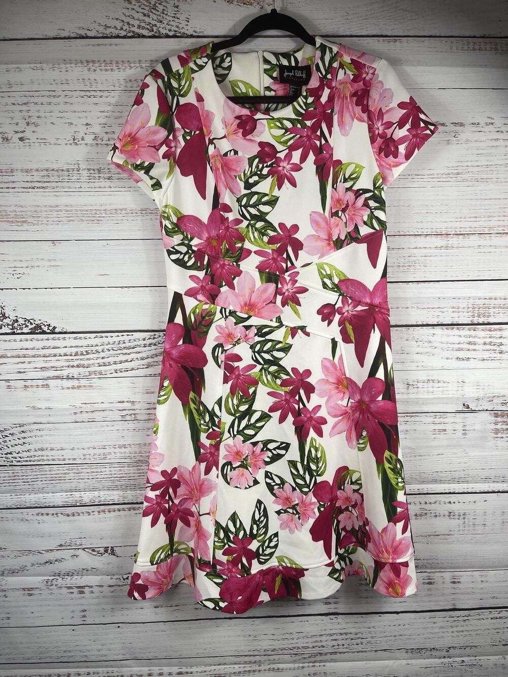 Joseph Ribkoff Dress Women's Size 10 Floral Tropical Fit Flare Short Sleeve Knit